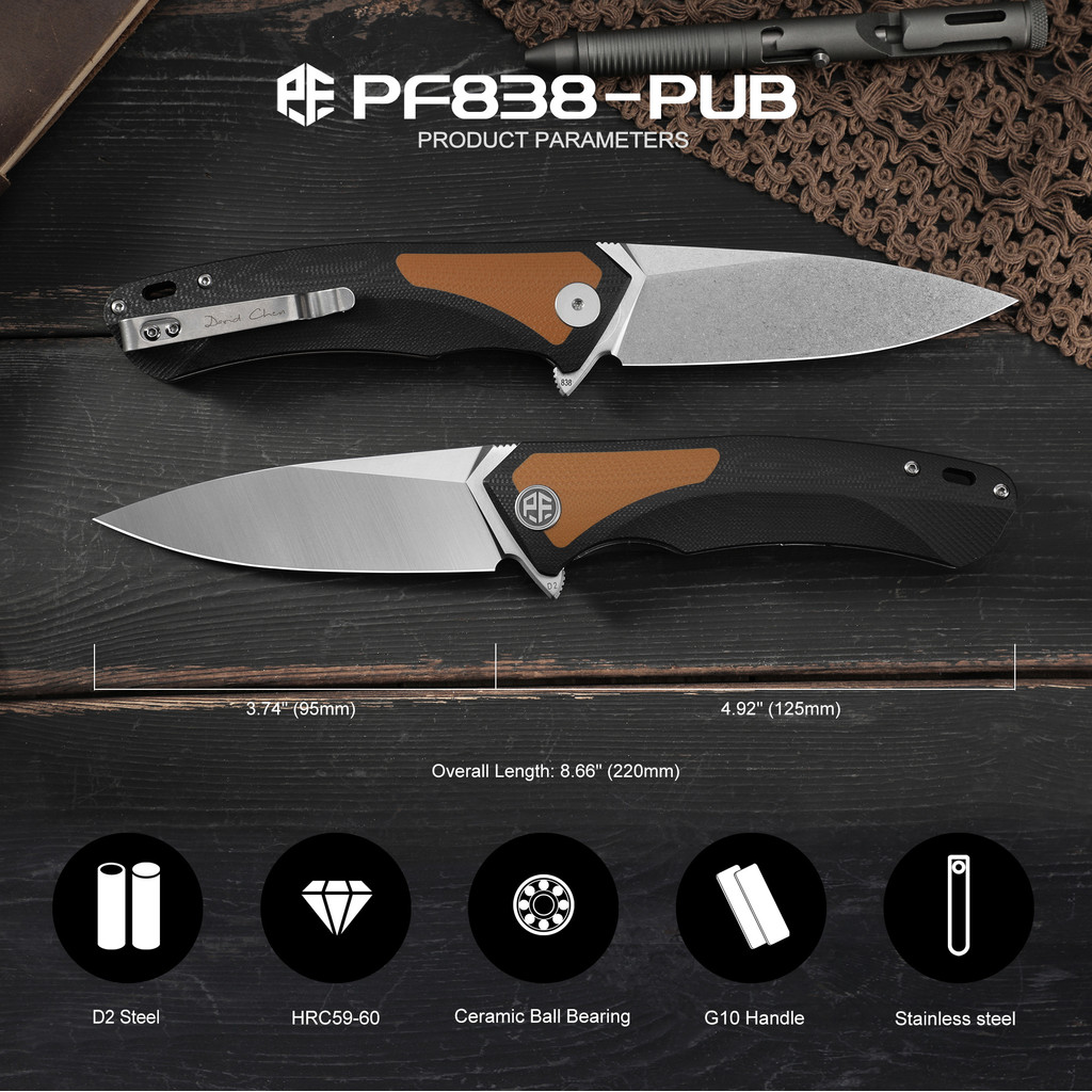 Petrified Fish PF838 d2 Folding Knife Ceramic Bearing Lightweight Pocket Knife Outdoor Camping Fish
