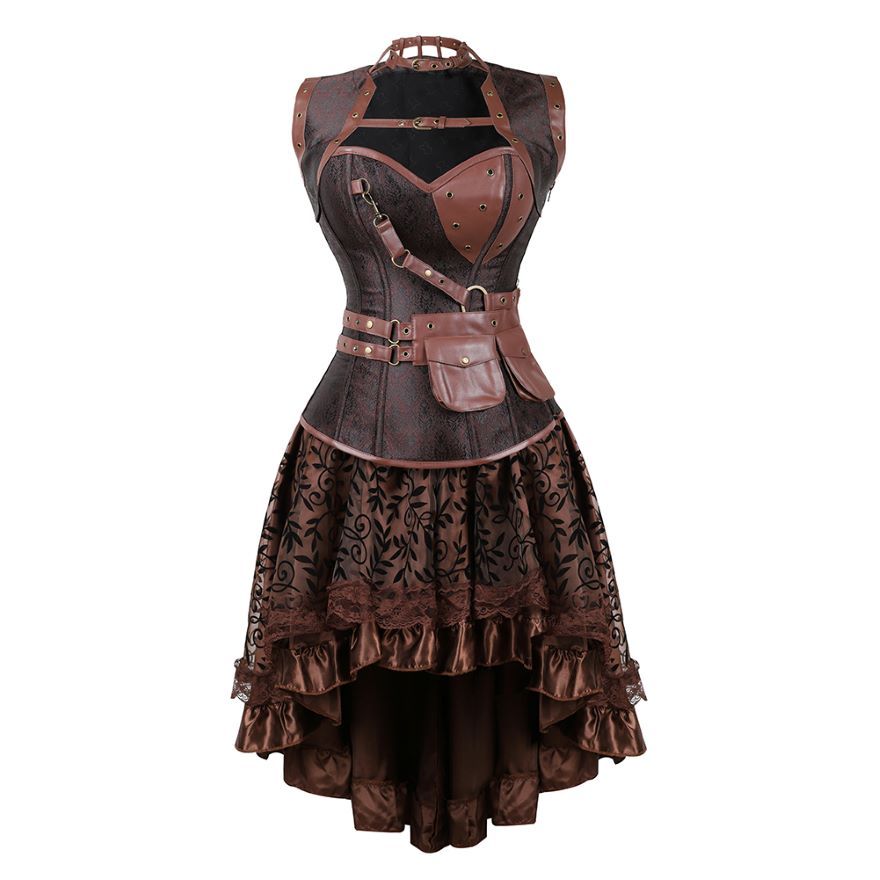 Sexy Women Steampunk Gothic Corset Skirt Vintage Corset Overbust Leather Bustier Top With Asymmetric