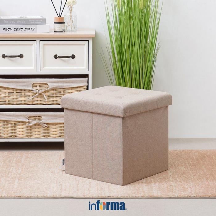 Informa Bangku Ottoman Fabric Lipat Linen - Krem Kotak Penyimpanan Tempat Duduk Puk Bangku Simpan