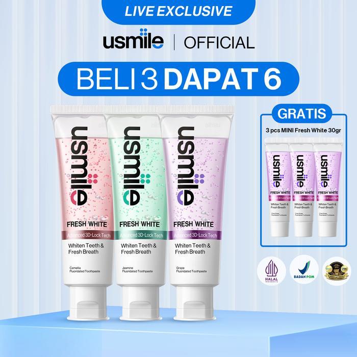 [Mega Exclusive] BELI 3 DAPAT 6 usmile Pasta Gigi Fresh White 3x110gr (Mix Flavor) GRATIS Pasta Gigi