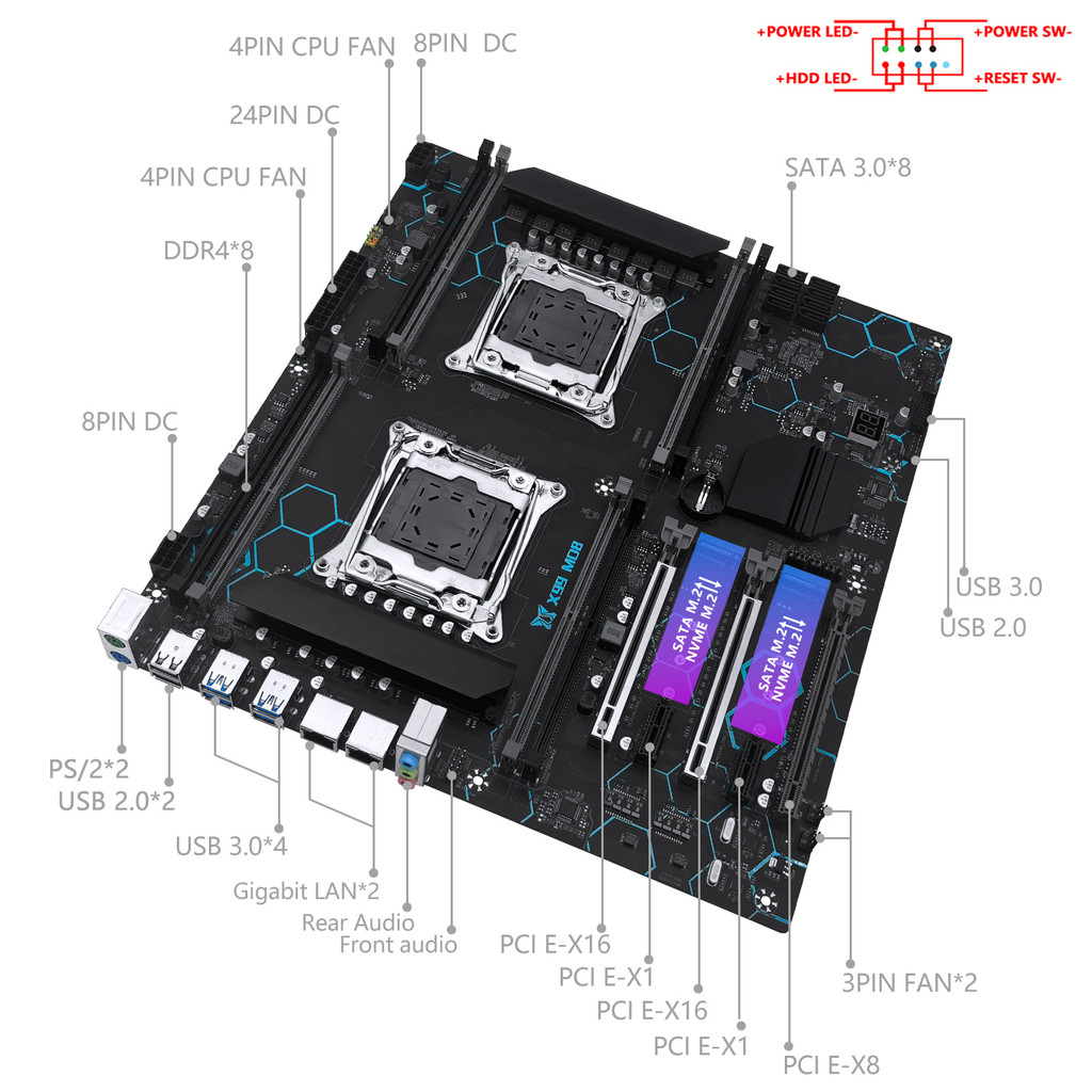 MACHINIST X99 Dual CPU Motherboard LGA 2011-3 Support Dual Xeon Processor NVME SATA M.2 Slot 8 DDR4