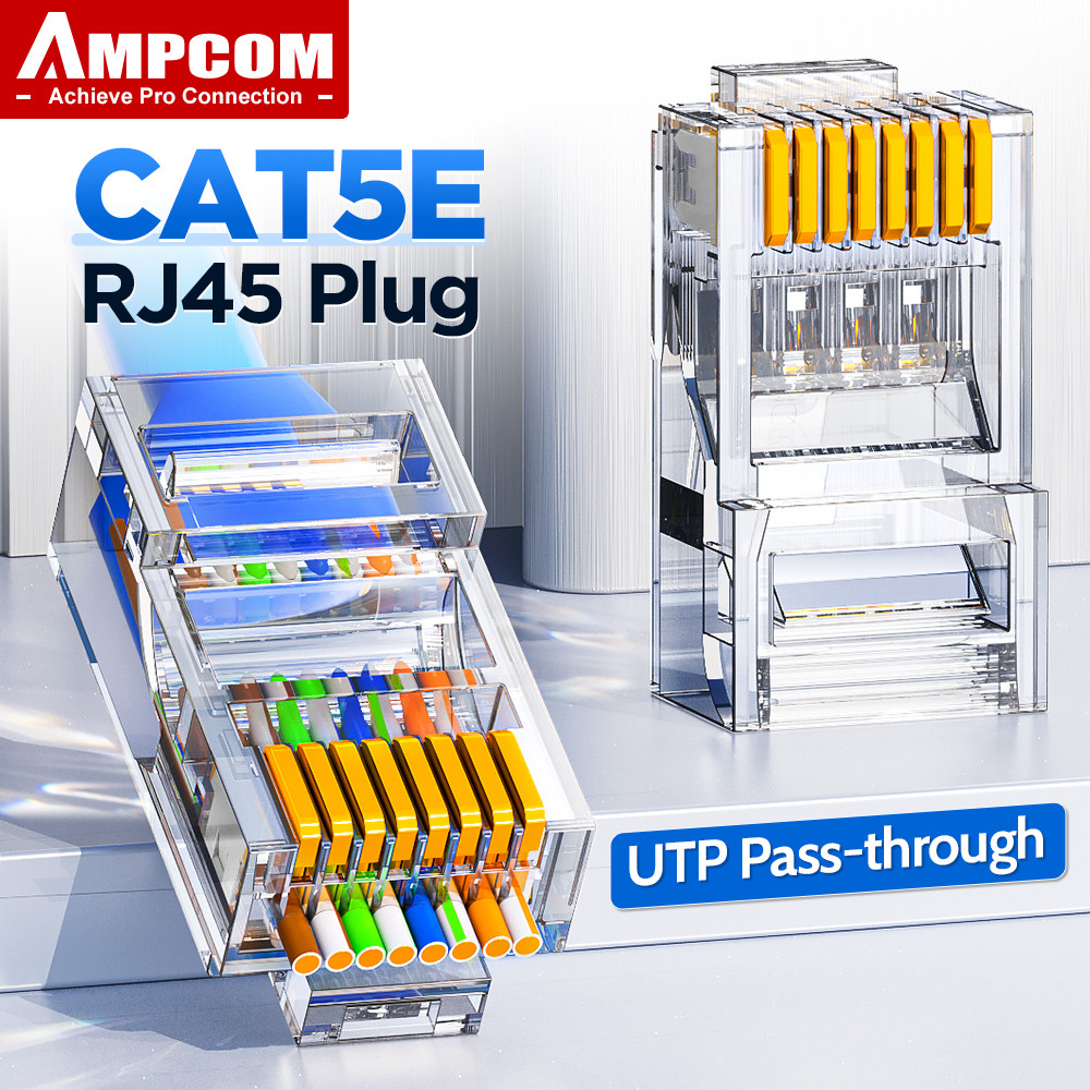AMPCOM CAT5E RJ45 Connector Pass Through 8P8C Modular Ethernet Cable RJ 45 Ends Ethernet Cable Crimp