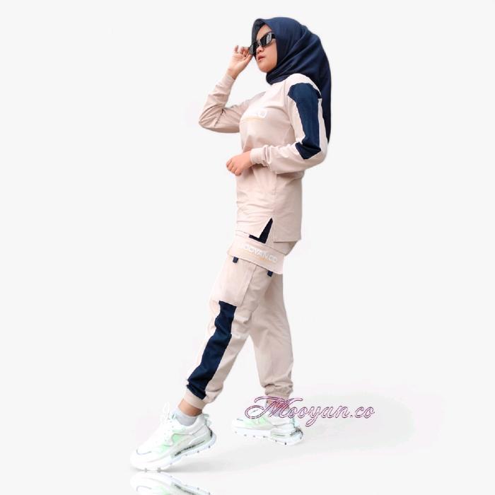 Premium Setelan Olahraga Wanita Jumbo - Baju Olahraga Celana Cargo Wanita Muslimah - Mooyan Set