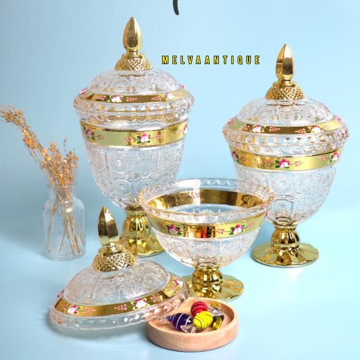 Toples Kristal Gold 1 set isi 3 pcs / Toples kue kering / Toples Kaca