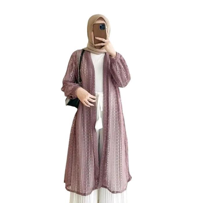 Outer Brokat Kondangan Panjang Cardigan Wanita Kekinian Lengan Balon Bahan Brokat Premium