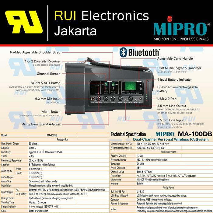 Speaker Portable + 2 Mic Wireless Microphone Mipro Ma-100Db Wireless Terlaris