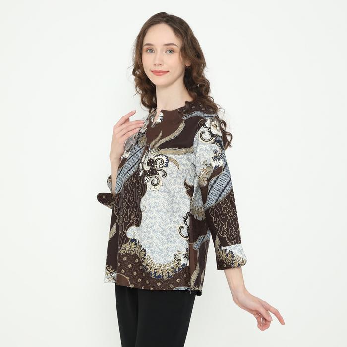 Blouse Batik Wanita Atasan Batik Wanita Lengan Panjang Warna Coklat OLR294