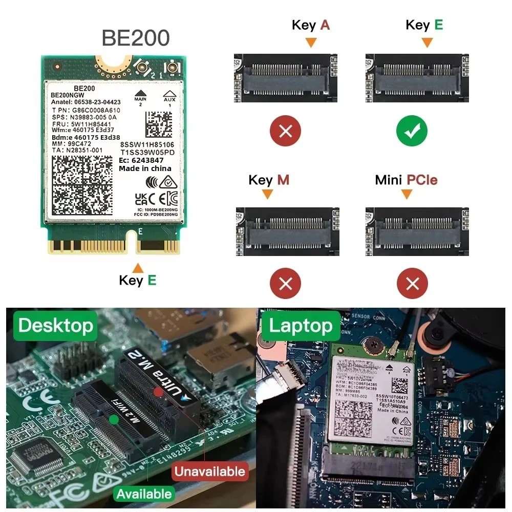 Wi-Fi 7 BE200 Bluetooth5.4 Wifi NGFF Card 8774Mbps BE200NGW Tri-band 2.4/5/6GHz Wireless Network