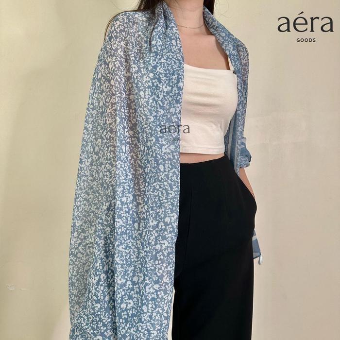 Aera Pasmina Kain Hijab Warna Stripe Biru Bunga Syl 55