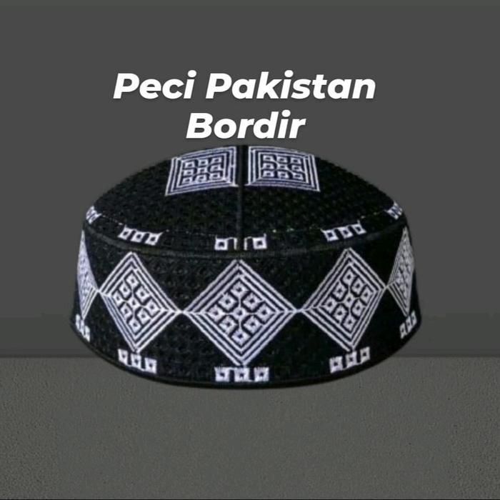 Peci Pakistan Full Bordir Hitam Motif Kotak Putih