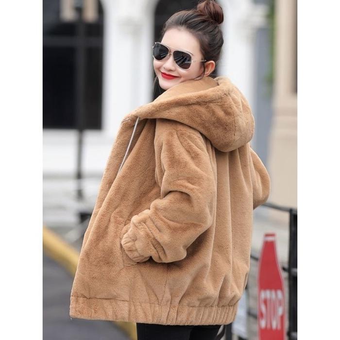 Hoodie Bulu Wanita Bulu Kucing Musim Dingin Jaket Sherpa Bulu Wanita Terbaru Baju Cewek Oversize