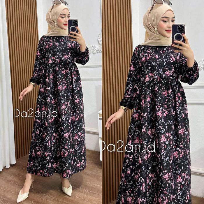 Dress Midi Gamis Rose Rayon Terbaru 2024 Bunga Sakura Wanita Muslim Tebal Lebaran Motif Syari Remaja