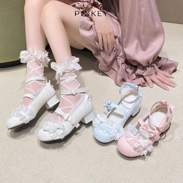 PINKEY P417 Mary Jane Lolita Pastel Sepatu Hak Rendah Pita & Renda Kawaii Pink/Putih/Biru