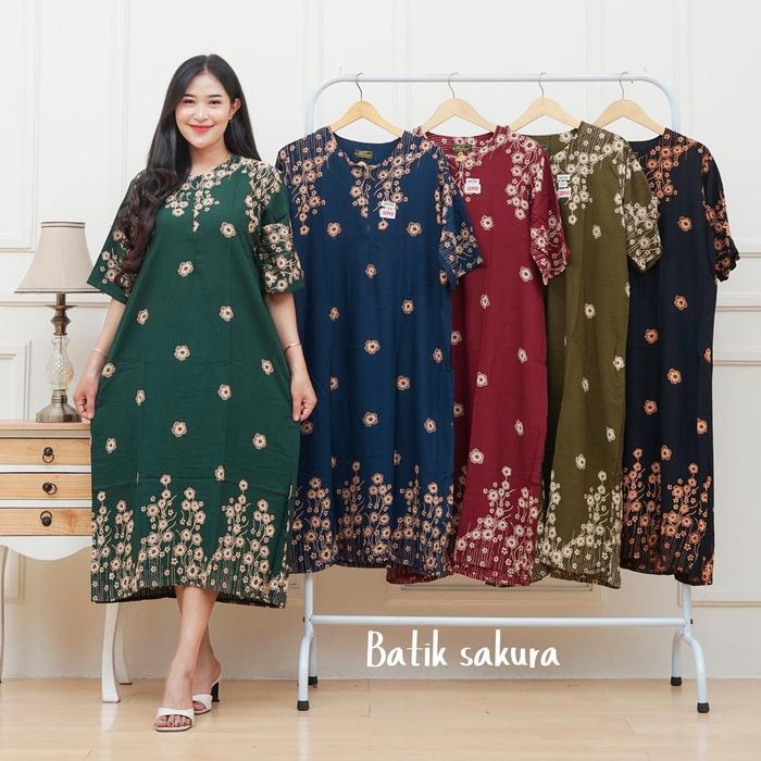 Daster Aruna Motif Printing Batik Sakura Pekalongan Baju Tidur Dress Piyama Kimono Panjang Rayon