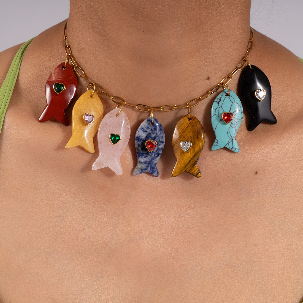 Natural stone jade crystal fish conch carved animal pendant charms necklace inlaid heart zircon