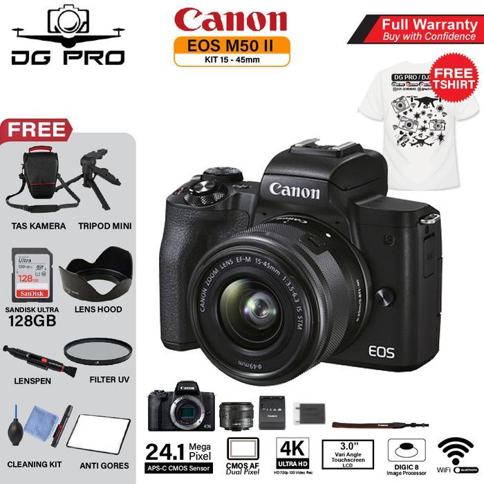 Canon EOS M50 II Kit 15-45MM GARANSI RESMI M 50 MARK 2 MIRRORLESS - BO DISTRI BLACK, PAKET A STANDAR