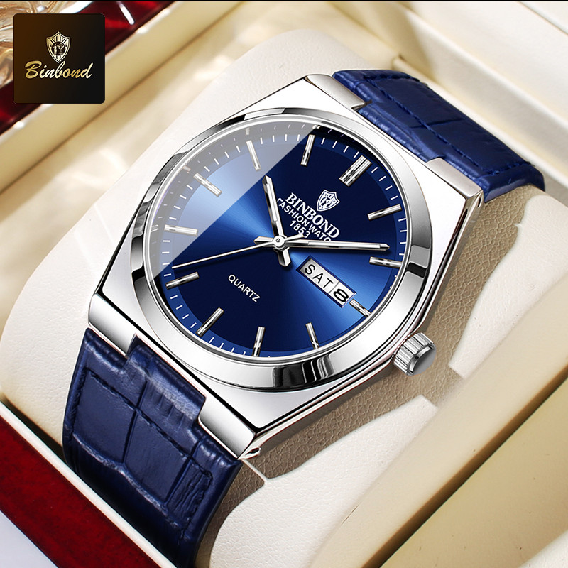 BINBOND New Authentic Youth Men's Quartz Watchwith Fashion Leather Strap Waterproof Luminous
