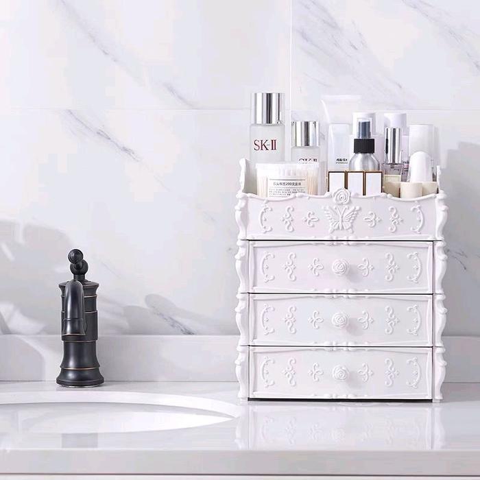 Rak Kosmetik Tempat Make Up 3 Laci Susun Model Eropa dengan Embos Bunga Cantik - Plastik, Putih,