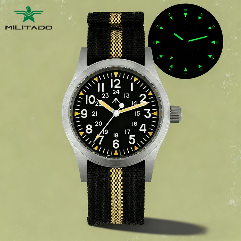 Militado ML05B Field Watch Miyota 2035 Quartz Movement Sapphire Crystal C3 Green Luminous 100