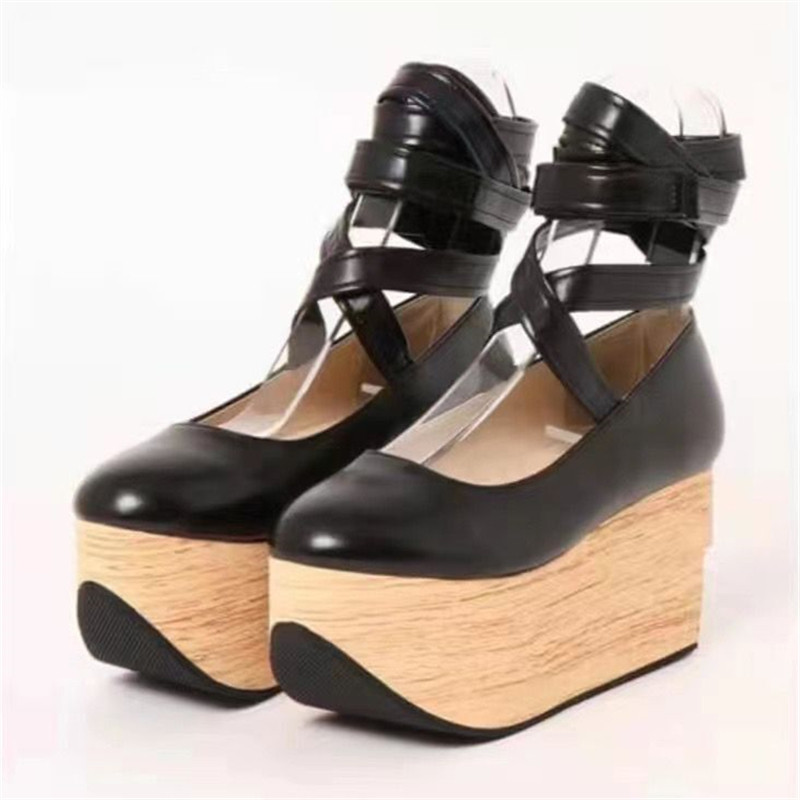 Gothic Thick Sole Women Platform Pumps Cross-strap Lolita Cosplay Creepers High Heel Wedge Shoes