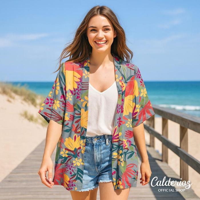 Calderioz - Cardigan Beachwear Motif Tropis Floral Pastel Full Print Pria Wanita Oversize