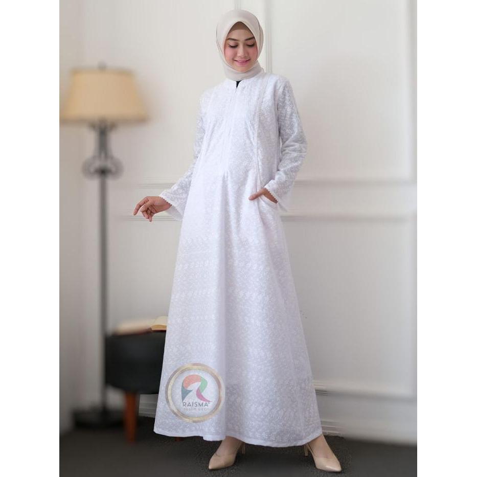 Raisma - Princess Baju Gamis Putih Wanita Katun Baju Lebaran Umroh Haji Busana Muslim Wanita