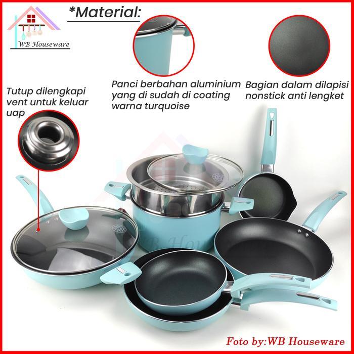 Panci Set Supra 9Pcs Renatta Moelek Cookware Set / Wajan Anti Lengket Chef Renata Turquoise /Alat