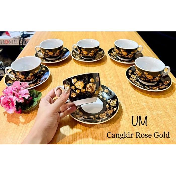 (6 Pc) Formia Coffee cup I Cup Saucer set Gold Rose Black Round BISA GOSEND