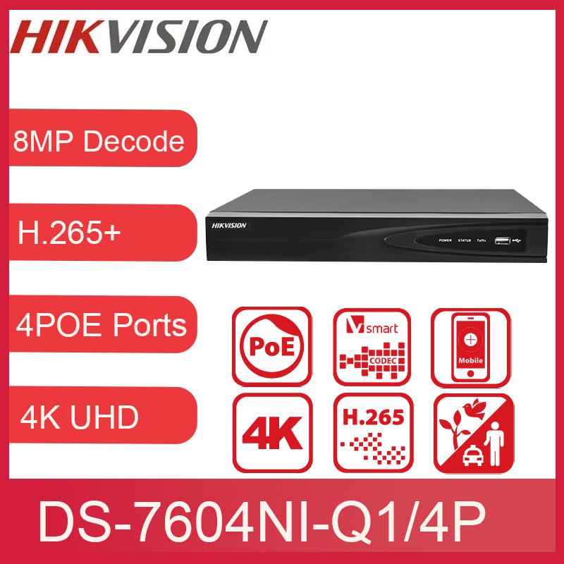 Hikvision DS-7604NI-Q1/4P 4CH 4PoE 4K NVR 8MP Network Video Recorder 8TB SATA Surveillance NVR