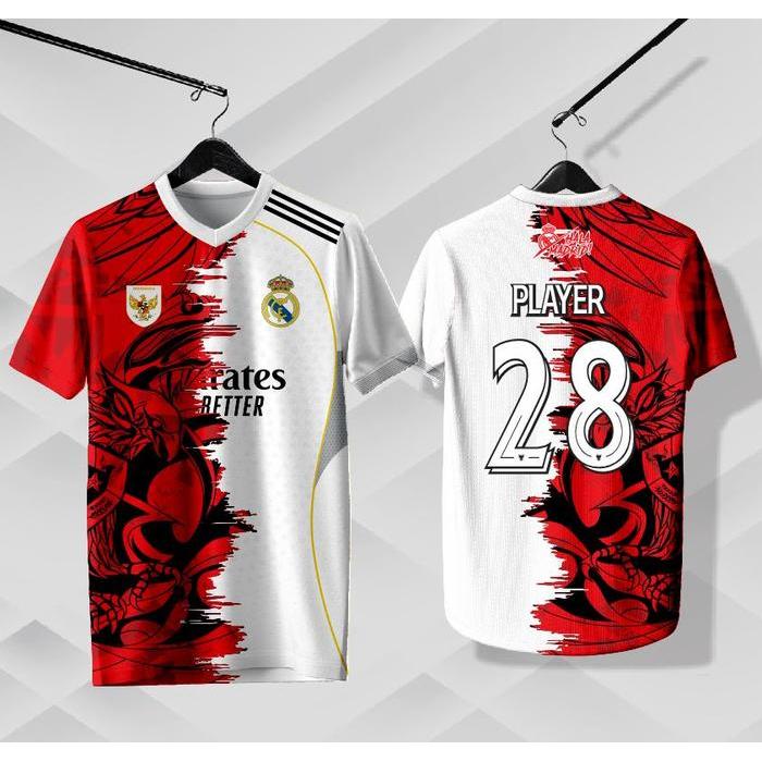 BAJU JERSEY FANTASY KOMBINASI TERBARU INDO X MADRID NEW PUTIH MERAH FULL PRINTING FREE CUSTOM