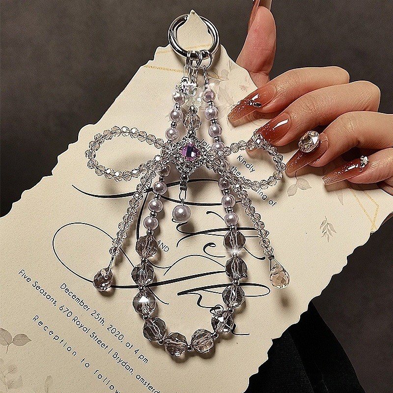 Light luxury high-end crystal phone chain bead bow pendant, hand-held chain, bag decoration, phone