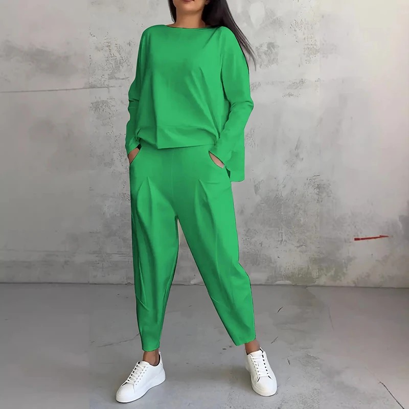 Women Elegant Long Sleeve Pocket Solid Set 2024 Casual Sportswear Loose 2Pc Suit Fashion O-neck