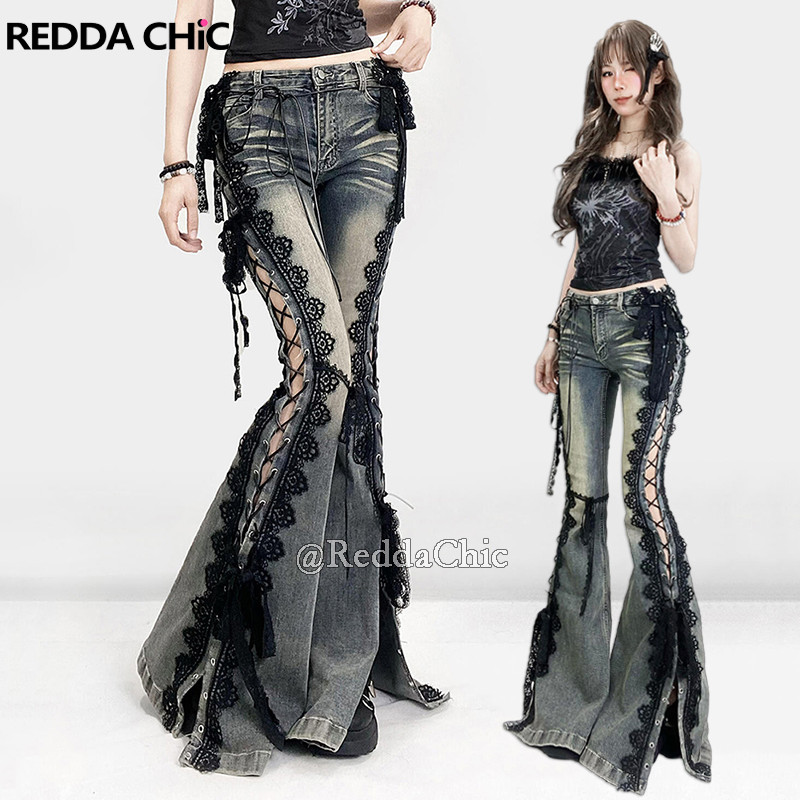 REDDACHiC Eyelets Lace Up Flare Jeans Retro Stitch Lace Whiskers Slim Low Rise Split Bootcut Pants