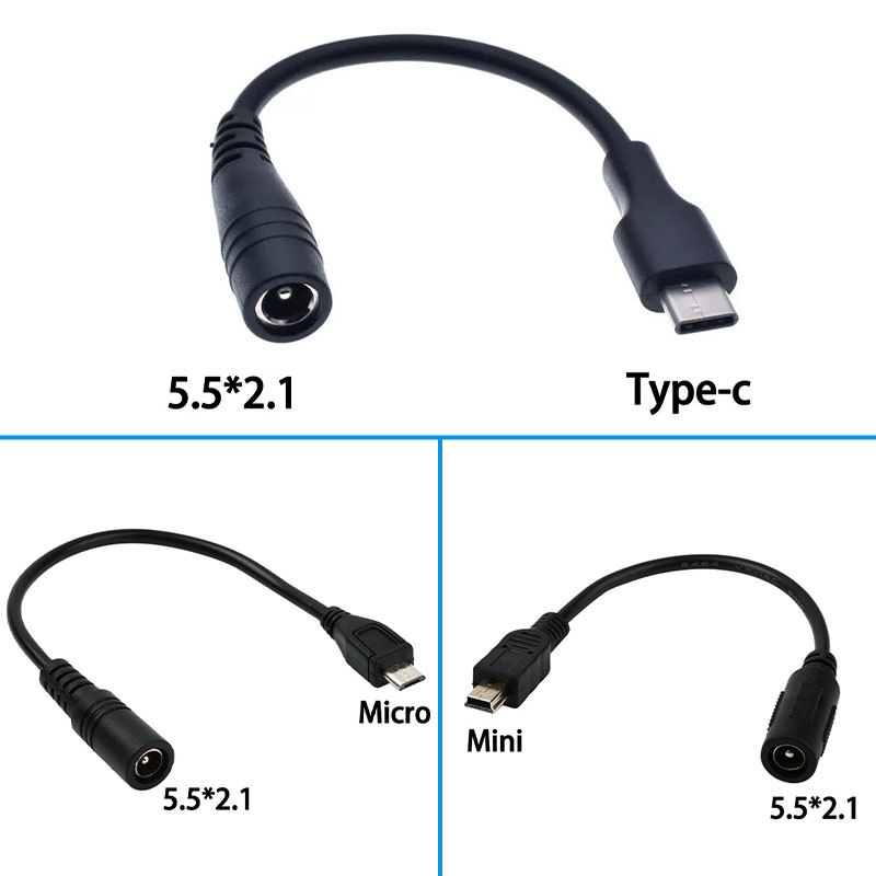 5.5*2.1mm DC Power Plug Waterproof Jacket Female To Micro USB / Mini USB / Type C Male Adapter Cable