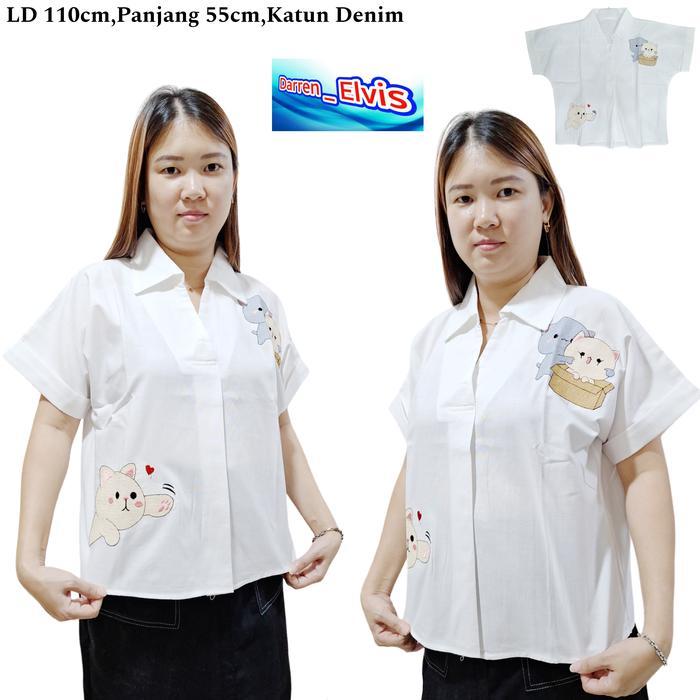 Termurah Kemeja Wanita Putih Best Seller Motif Kucing Pt7711 Paling Laris