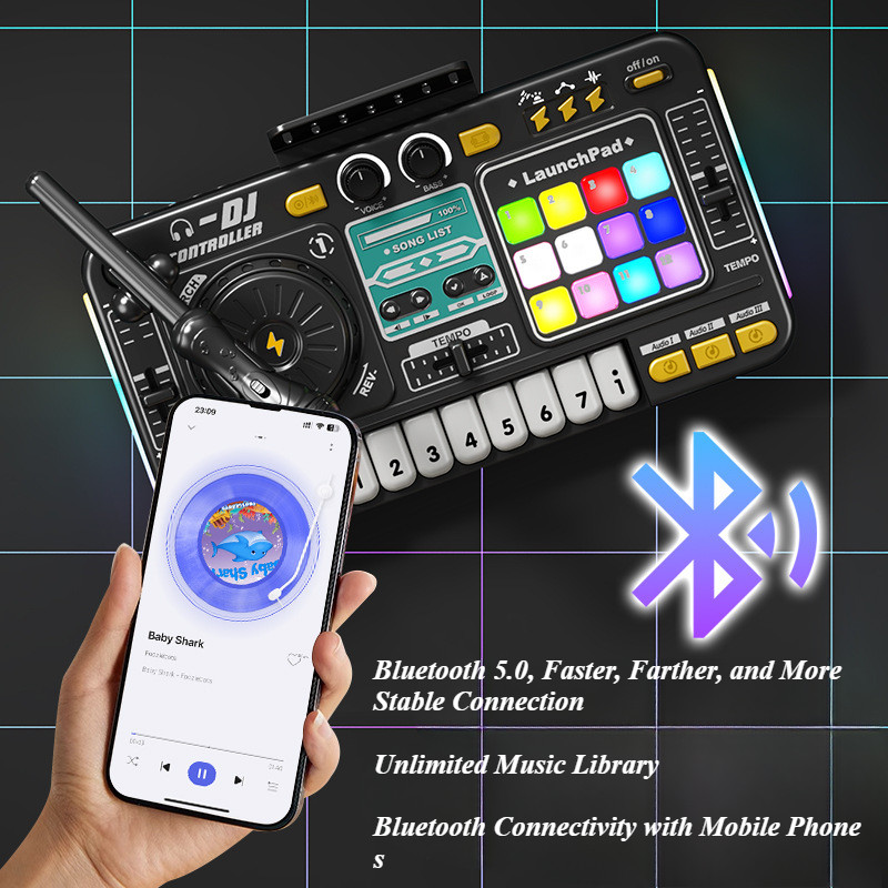 Children Musical DJ Mixer with Microphone Light Bluetooth DJ Turntable Educational DJ Console Junior