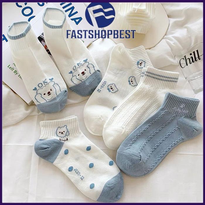 [] 5PASANG Kaos Kaki Pendek Bear Biru / Kaos Kaki Wanita Fashion Ala Korea / Kaos Kaki Beruang Biru