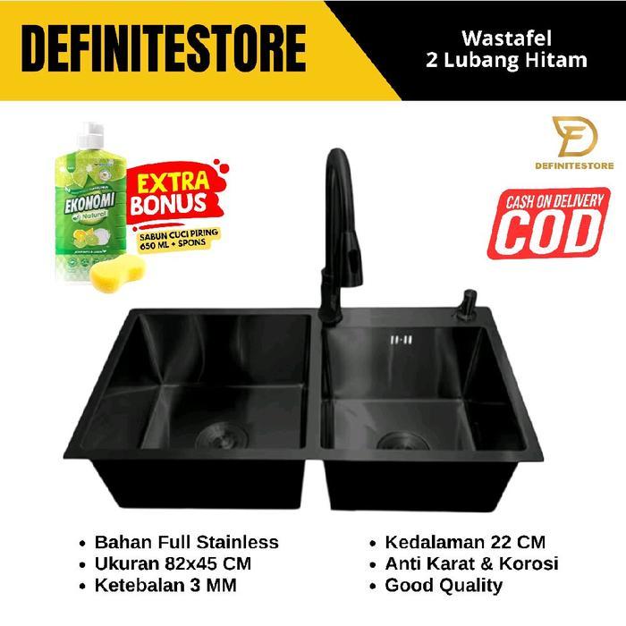 Kitchen Sink 2 Lubang Wastafel Bak Cuci Piring Hitam Dua Lubang Stainless Sus 304 Tebal Dan Anti