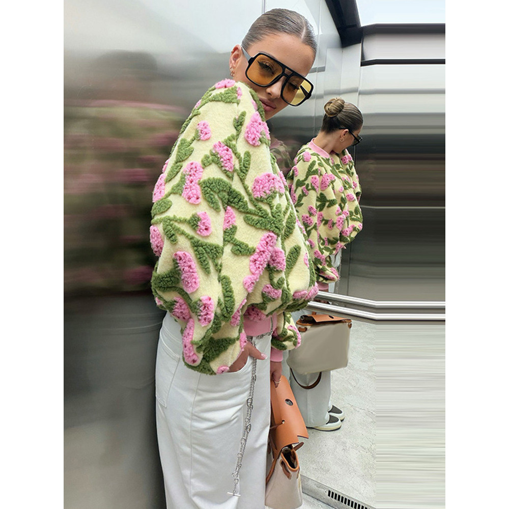 Jaket Bomber Wanita Motif Bunga 3D dengan Kerah Lapel dan Lengan Panjang untuk Tampilan Kasual Musim