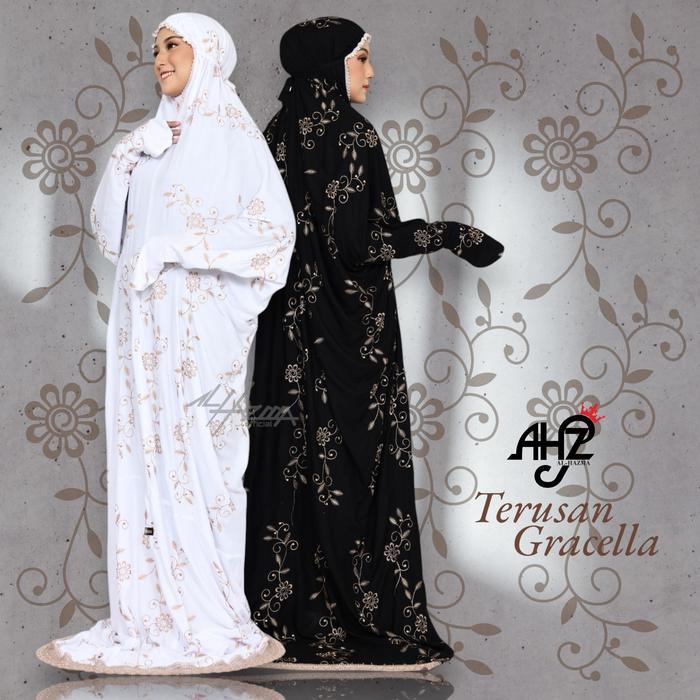 Top Mukena Terusan Full Bordir Bunga Teratai Renda Gracella Mewah Dewasa Kain Katun Nyaman Rayon