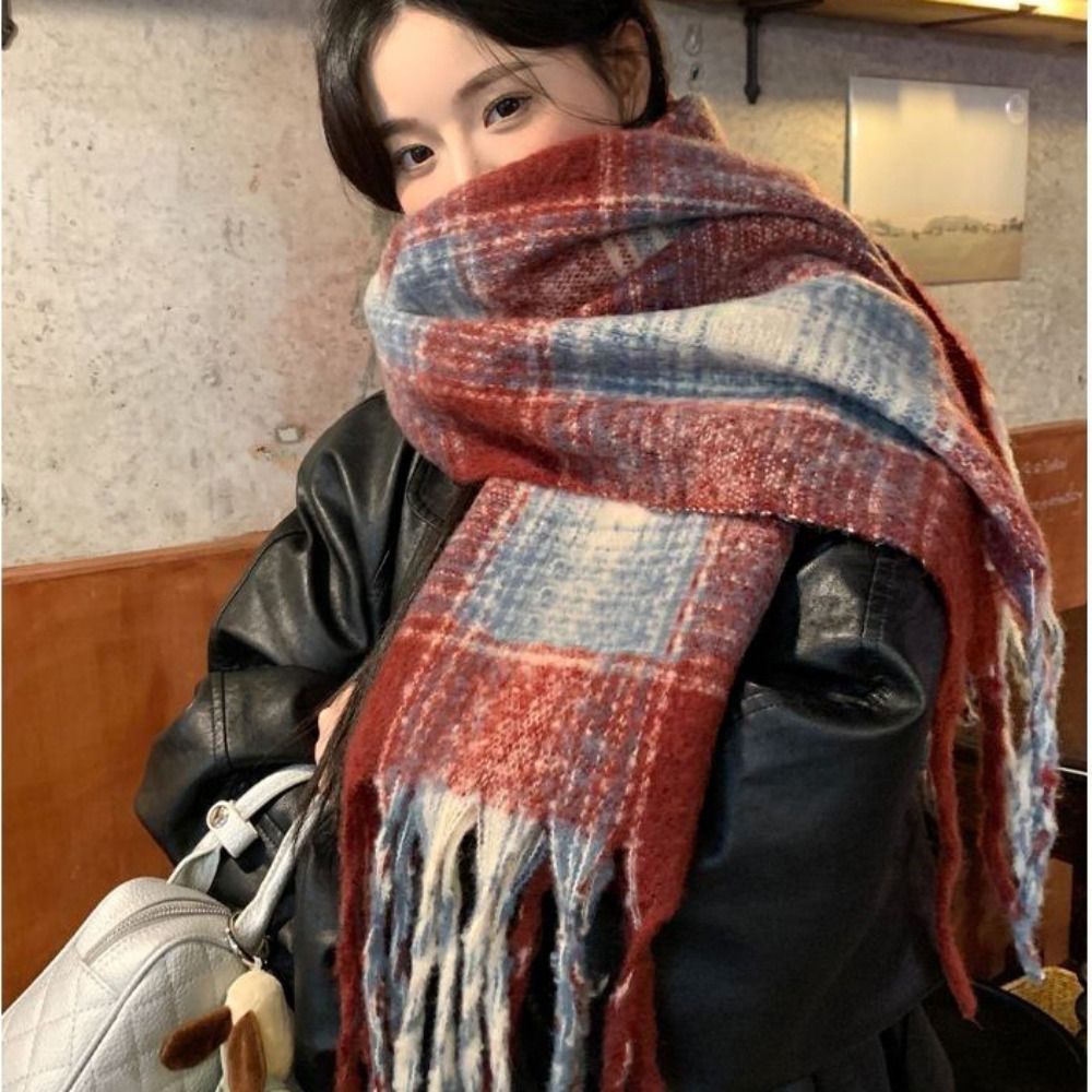 Classic Mohair Plaid Wool Scarf Tassel Winter Cashmere Scarves Solid Color Thicken Long Shawl Autumn