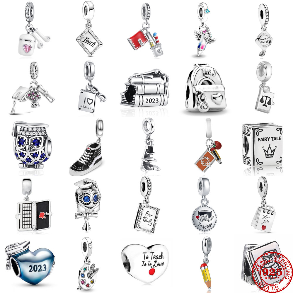 2023 Silver Teacher Pendant Fit Pandora Original Women Bracelet DIY Notebook Pencil Fine Dangle