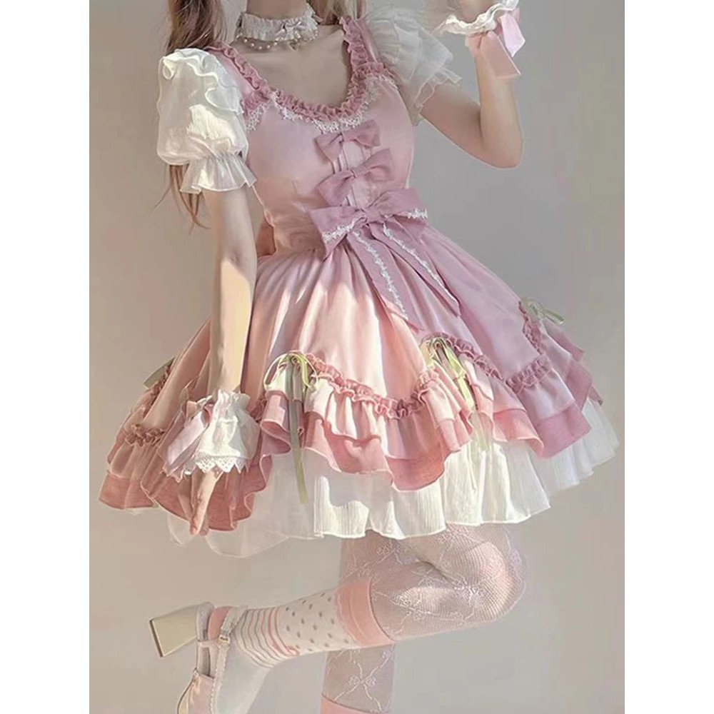 Lolita Japanese Kawaii Dress Women Summer Sweet Pink Bow Ball Gown Mini Dress Fashion Ruffles