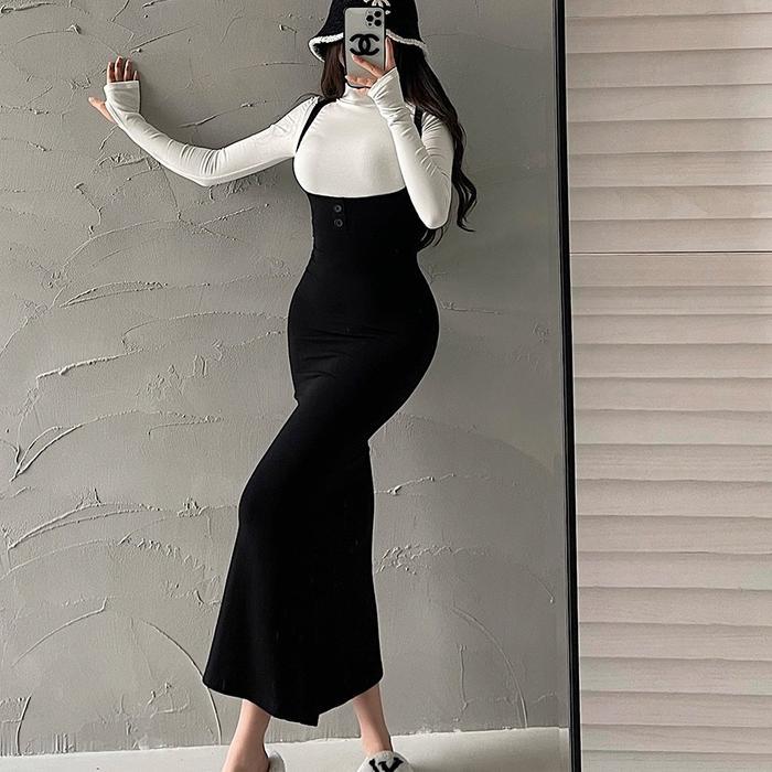 One Set Turtle Neck Long Sleeve Top + Strap Midi Dress 1570 (S/M/L/XL)