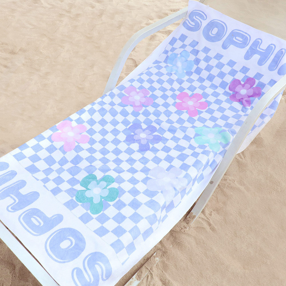 personalized Beach Towel Colored Checkered Flower Name Towel Bath Towel Swimming Pool Beach Name Tow