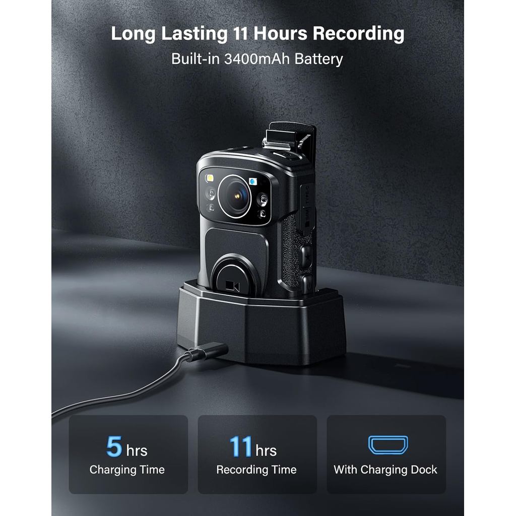 BOBLOV Body Camera B4K5 256G 4K IP68 Police Camera 11Hrs Video Record Night Vision Body Worn Camera