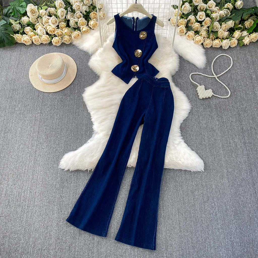 Fashion Denim Pant Sets for Women Metal Buttons Jean Vest+High Waist Wide Leg Pants 2025 New Female