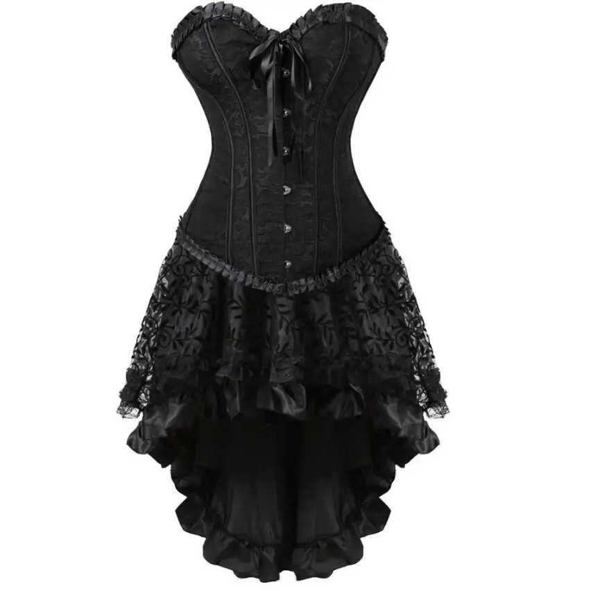 Corset Dress Women Vintage Overbust Burlesque Outfit Lace Victorian Skrits Set Gothic Halloween