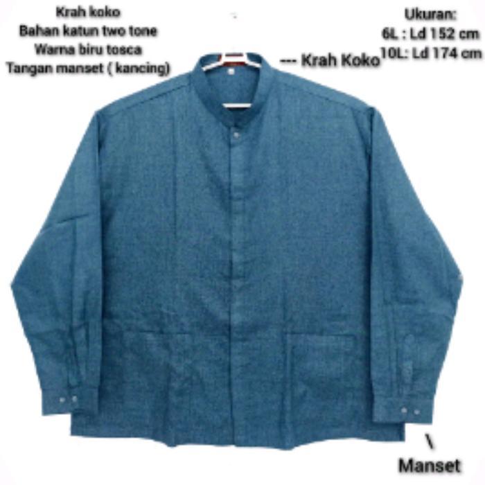 Koko Pria Lengan Panjang Ukuran Jumbo Bahan Katun Two Tone Tanpa Bordir Warna Biru Tosca