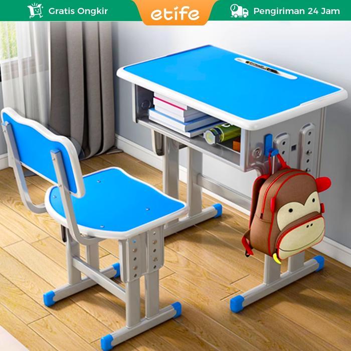 Set Meja dan Kursi Belajar Anak Sekolah Minimalis - Set Meja Belajar Siswa, Tiang Ganda Biru Putih